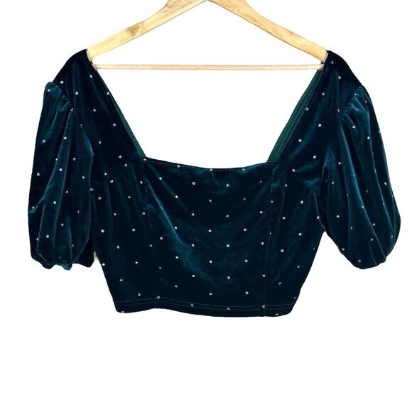 Cider Puff Sleeve Smocked Crop Top Womens L Green Rhinestone Velvet Coquette Y2K - Picture 1 of 5